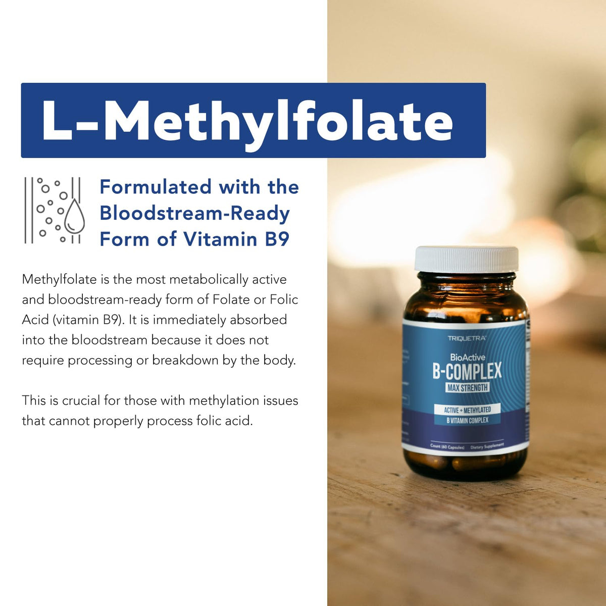 BioActive Vitamin B Complex in original packaging, showcasing L-Methylfolate for enhanced absorption and effectiveness.