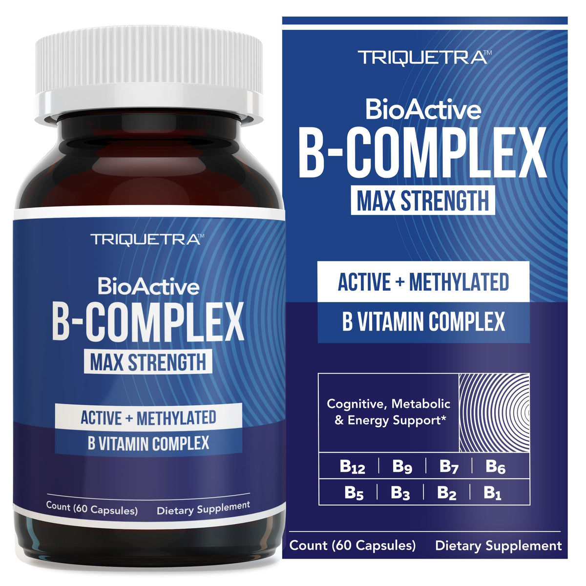 100% Genuine BioActive B-Complex Max Strength for energy, metabolism, and overall health support. 60 capsules.