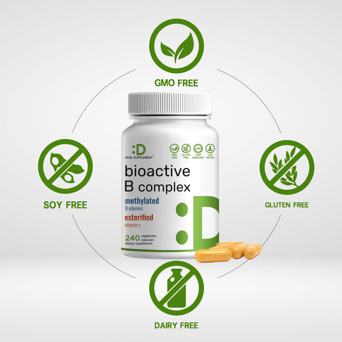 Bioactive Vitamin B Complex in high-quality official packaging, featuring 240 vegetarian capsules, sourced from Curat Cart. GMO, soy, gluten, and dairy free.
