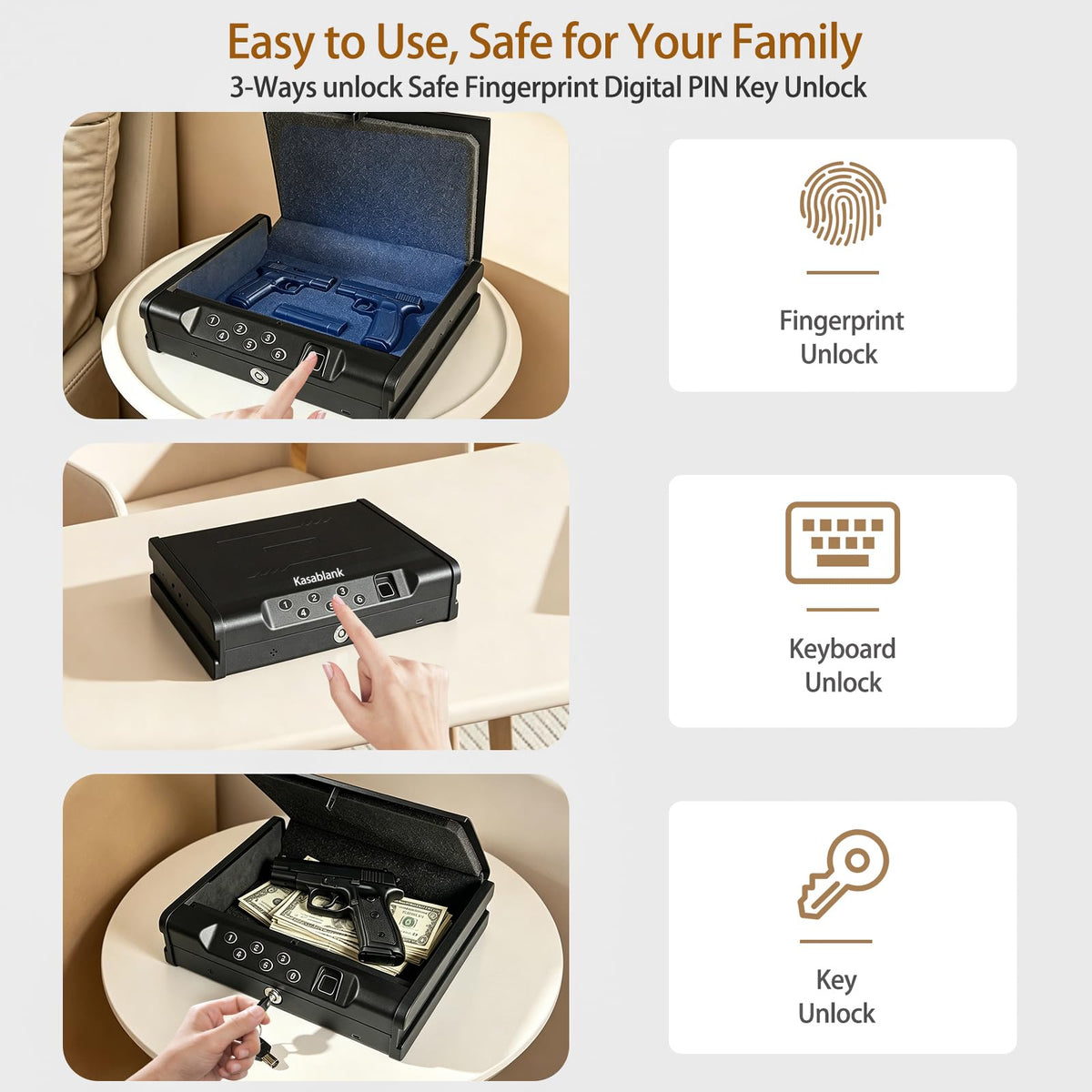 Exclusive Biometric Fingerprint Handgun Safe with three unlock methods for security, specially curated by Curat Cart.