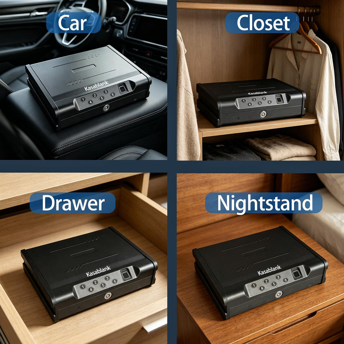 Premium imported Biometric Fingerprint Handgun Safe showcased in car, closet, drawer, and nightstand. Available at Curat Cart.