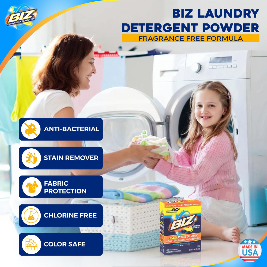 Biz Laundry Detergent Powder offers anti-bacterial, stain removal, and fabric protection, ensuring 100% authenticity available at Curat Cart.
