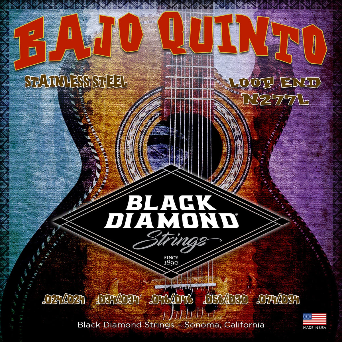 Authentic Black Diamond Bajo Quinto strings, made in the USA. Durable stainless steel with loop end, ideal for musicians.