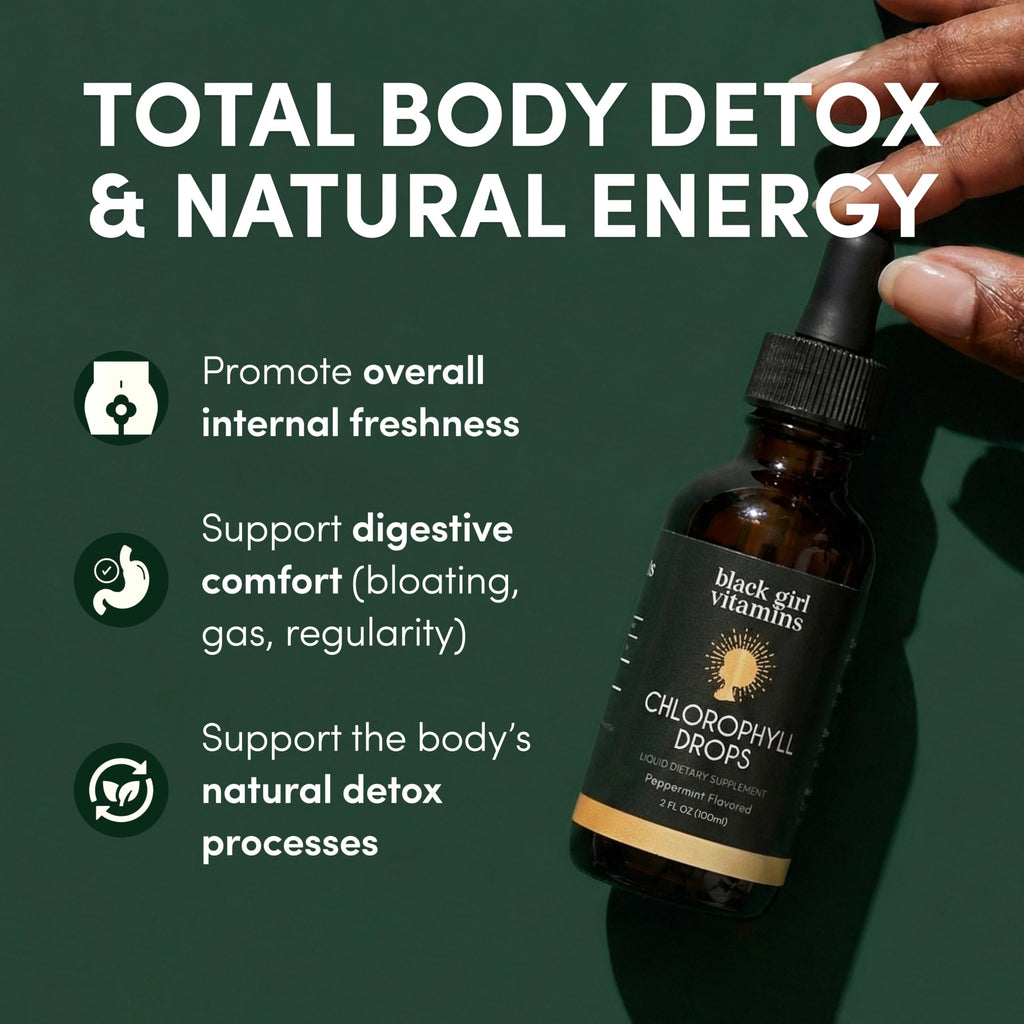 Black Girl Vitamins Liquid Chlorophyll in high-quality packaging, promoting detox and natural energy. Available at Curat Cart.
