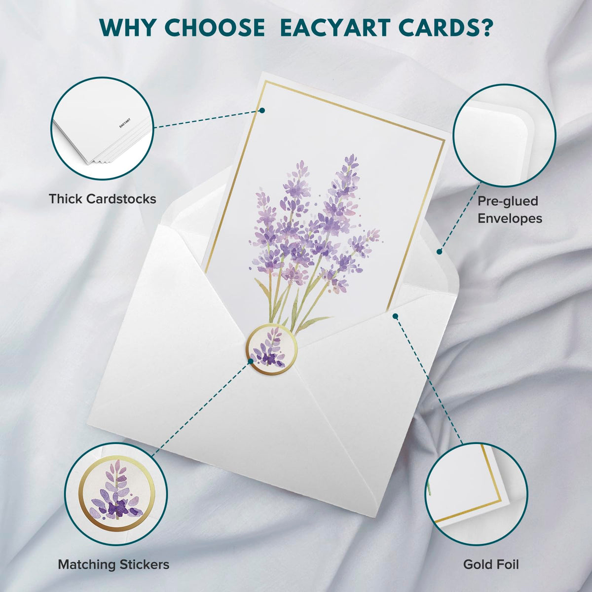 Premium blank greeting cards with envelopes, featuring thick cardstocks and gold foil. Available at Curat Cart in India.