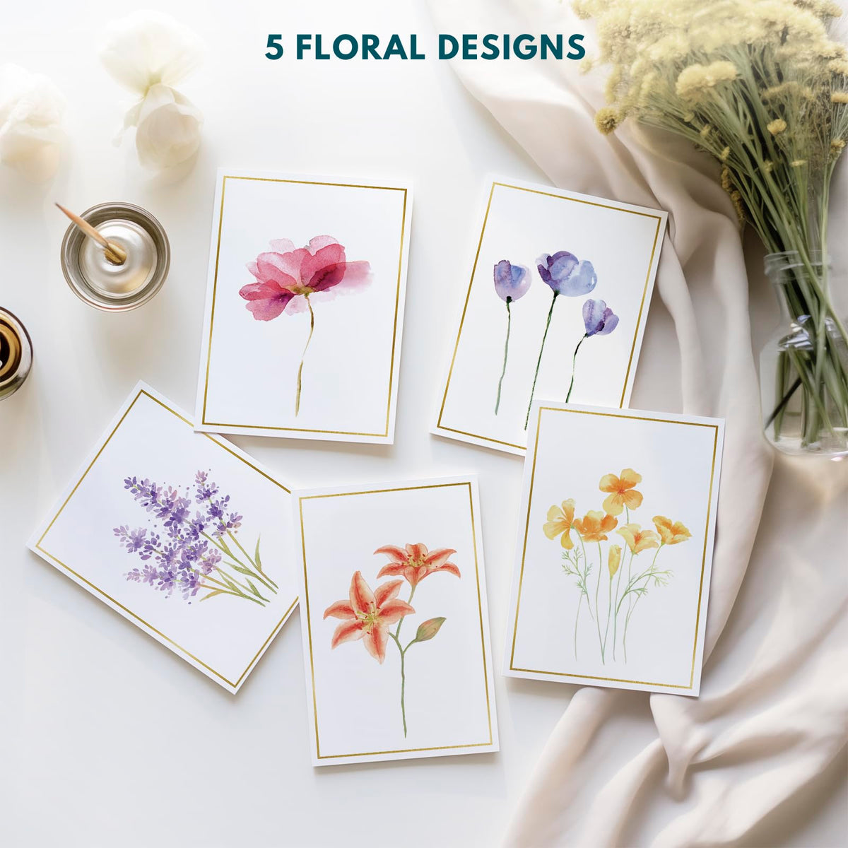 Discover exclusive blank greeting cards with 5 floral designs, specially curated by Curat Cart for elegant correspondence.