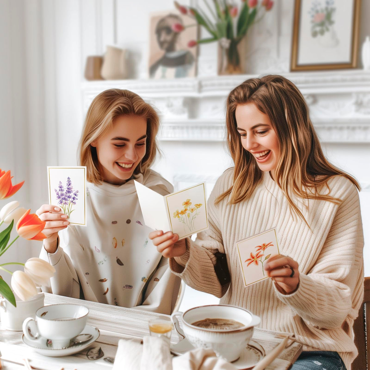 Two women enjoying premium imported blank greeting cards with envelopes at Curat Cart. Perfect for personalized messages.