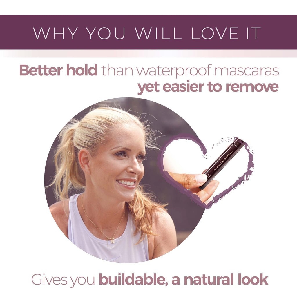 Model showcasing blinc Amplified Tubing Mascara, emphasizing volume, ease of removal, and buildable finish. Verified by CuratCart.