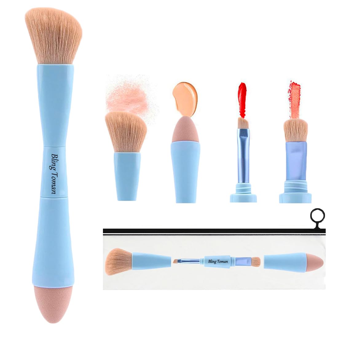 Bling Toman 4 in 1 Makeup Brush in original packaging, showcasing four unique brush heads for versatile application.