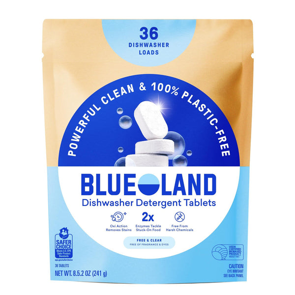 BLUELAND 100% Plastic-Free Dishwasher Detergent Tablets, 36 Count, Free & Clear, Eco-Friendly Dishwashing Pods, Natural, USDA Certified biobased