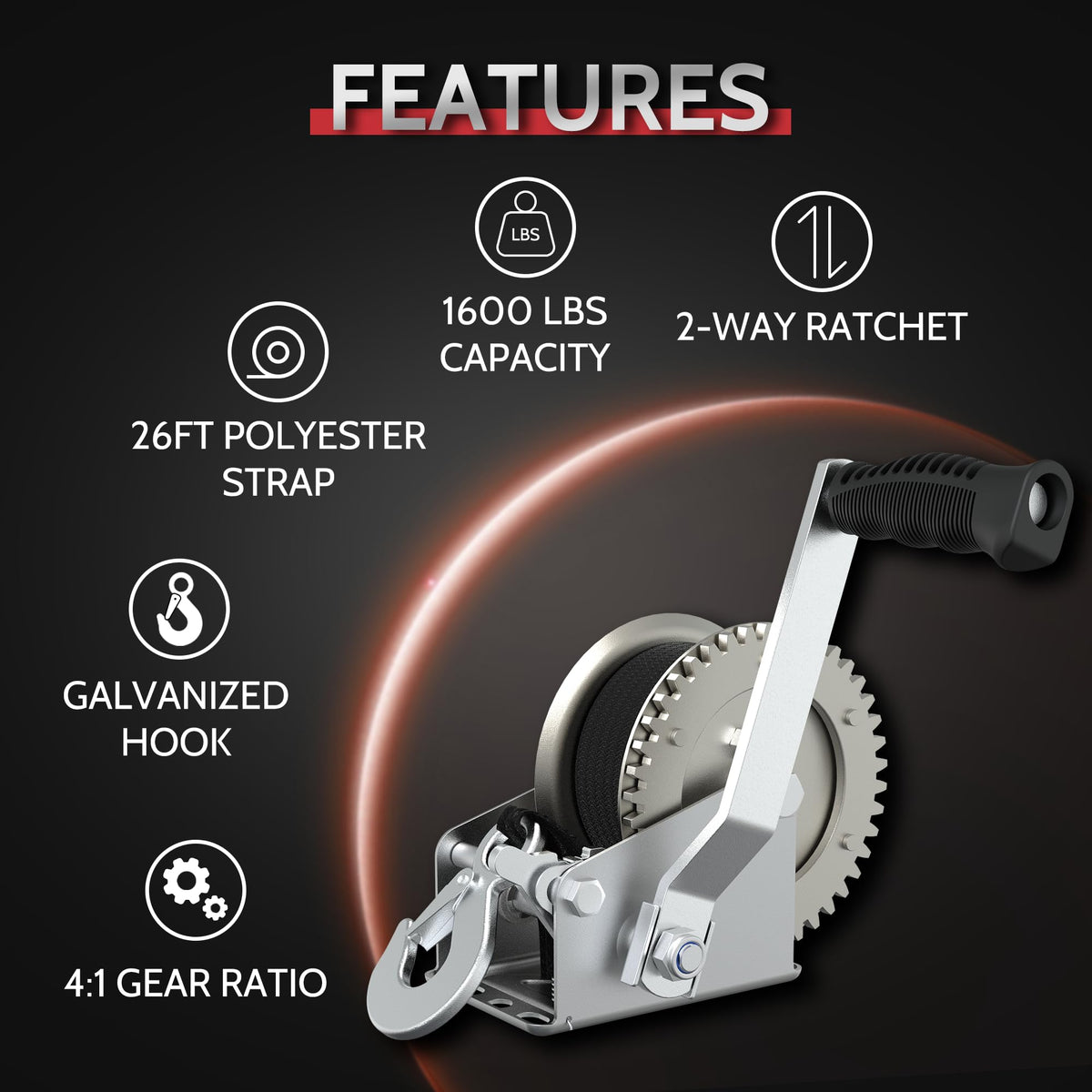 Premium Boat Trailer Winch with 1600 lbs capacity, galvanized hook, and 26ft polyester strap, available at Curat Cart.