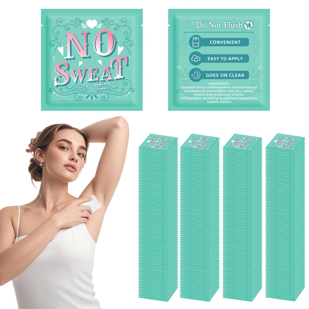 No Sweat antiperspirant body wipes, 50 pieces in original packaging, easy to apply, clear formula for on-the-go freshness.