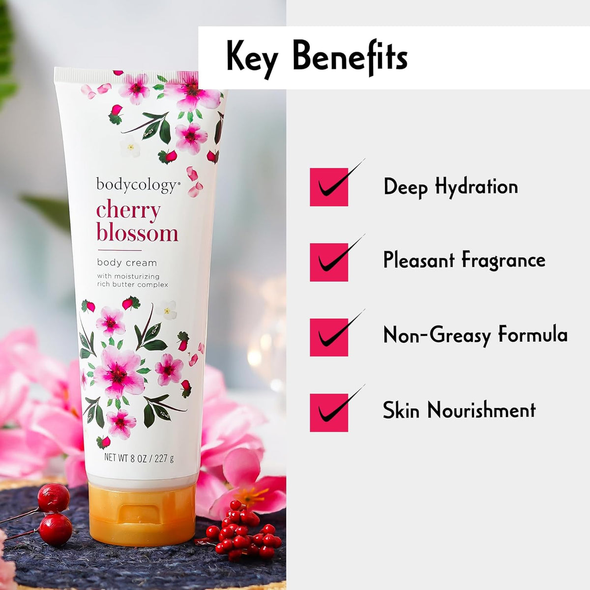 Bodycology Cherry Blossom body cream features vibrant floral packaging, offering deep hydration and a pleasant scent.