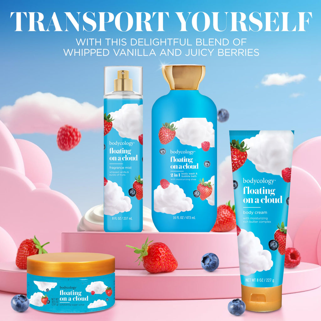 Bodycology Floating on a Cloud fragrance, featuring whipped vanilla and juicy berry scent; a global favorite for lasting freshness.