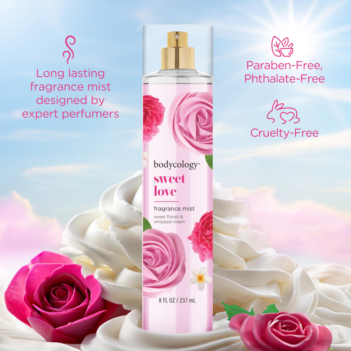 Bodycology Sweet Love fragrance mist in elegant packaging, featuring roses, paraben-free, cruelty-free, imported quality.