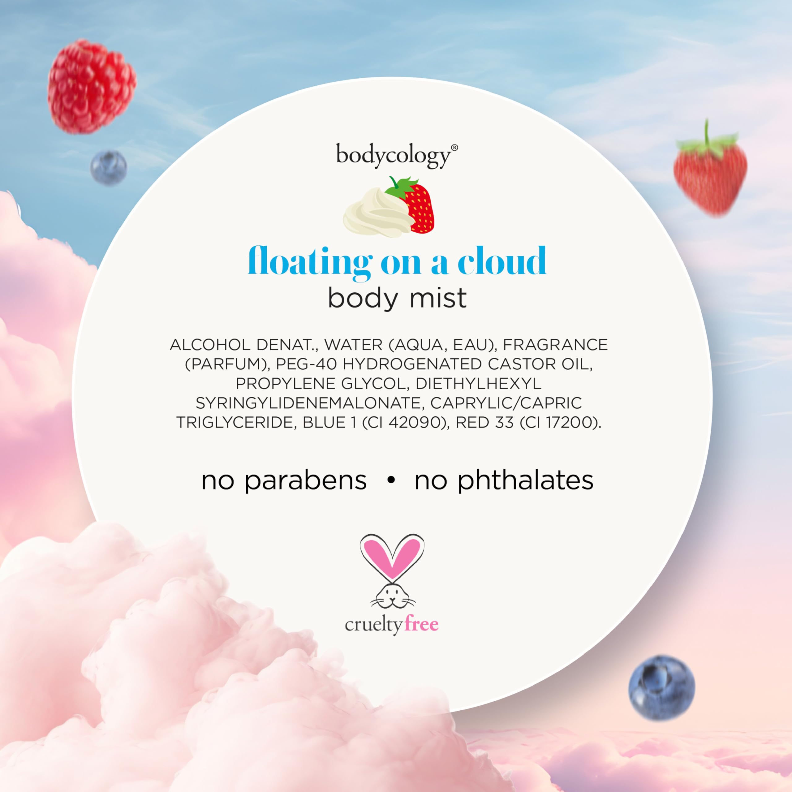 Bodycology's Floating on a Cloud body mist offers a refreshing scent. No parabens or phthalates. Verified by CuratCart.