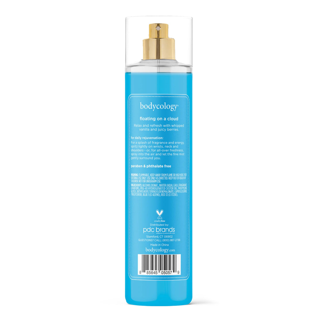 Bodycology floating on a cloud fragrance mist. Blue liquid in elegant packaging, free from parabens and phthalates.