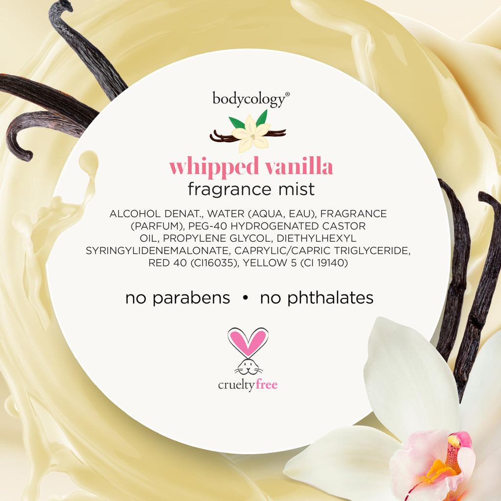 Bodycology Whipped Vanilla Fragrance Mist: no parabens, no phthalates. Available online for delivery.