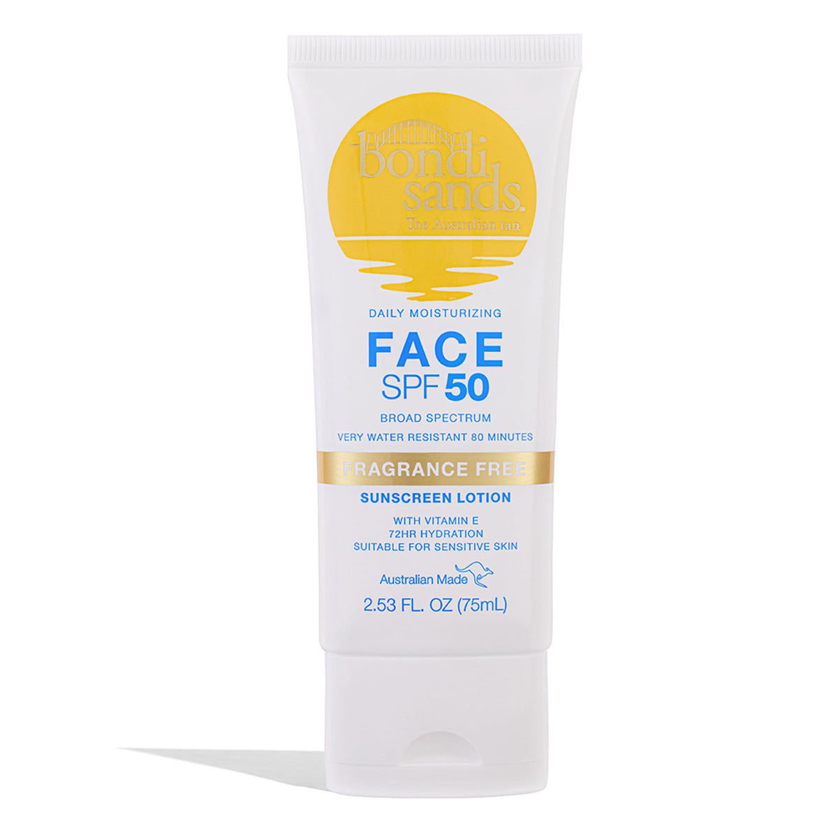 100% Genuine Bondi Sands Daily Moisturizing Face Sunscreen, SPF 50, fragrance-free, suitable for sensitive skin.