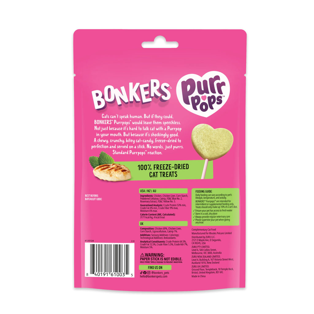 Bonkers Purrpops Cat Treats in high-quality, vibrant packaging, offering freeze-dried flavors for your feline. Available at Curat Cart.