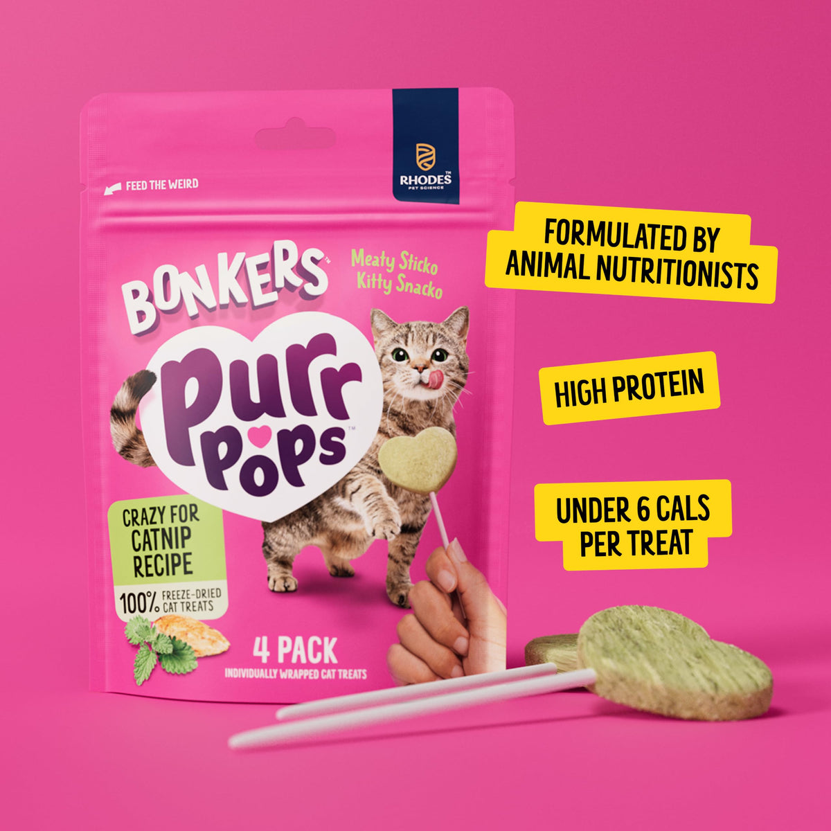 Bonkers Purrpops Cat Treats in high-quality packaging, featuring a 4 pack of meaty snacks for cats, available at Curat Cart.