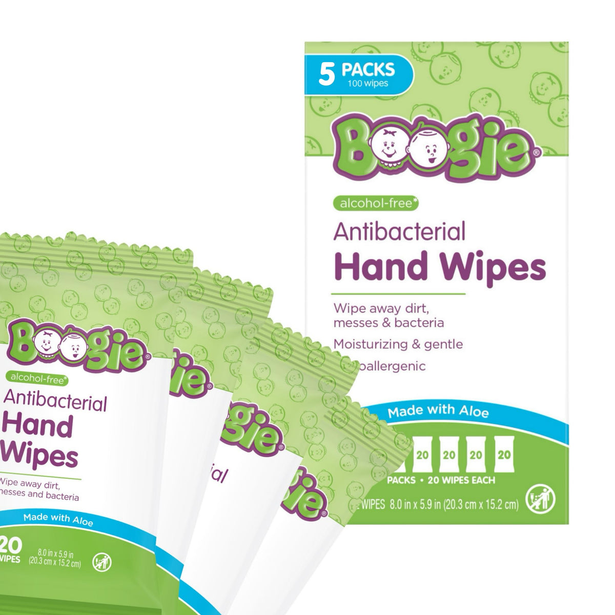 Boogie Antibacterial Hand Wipes, premium import with aloe, ideal for cleanliness. Available at Curat Cart for a healthier lifestyle.