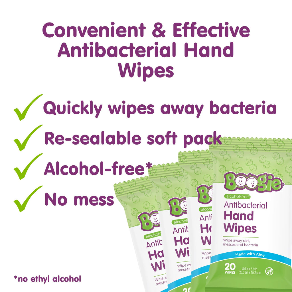 Boogie Antibacterial Hand Wipes in high-quality re-sealable pack, effectively wipes away bacteria. Available at Curat Cart.