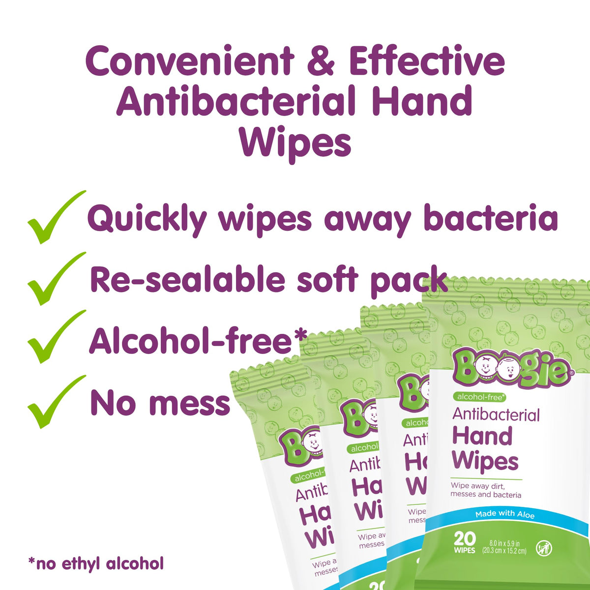Boogie Antibacterial Hand Wipes in high-quality re-sealable pack, effectively wipes away bacteria. Available at Curat Cart.