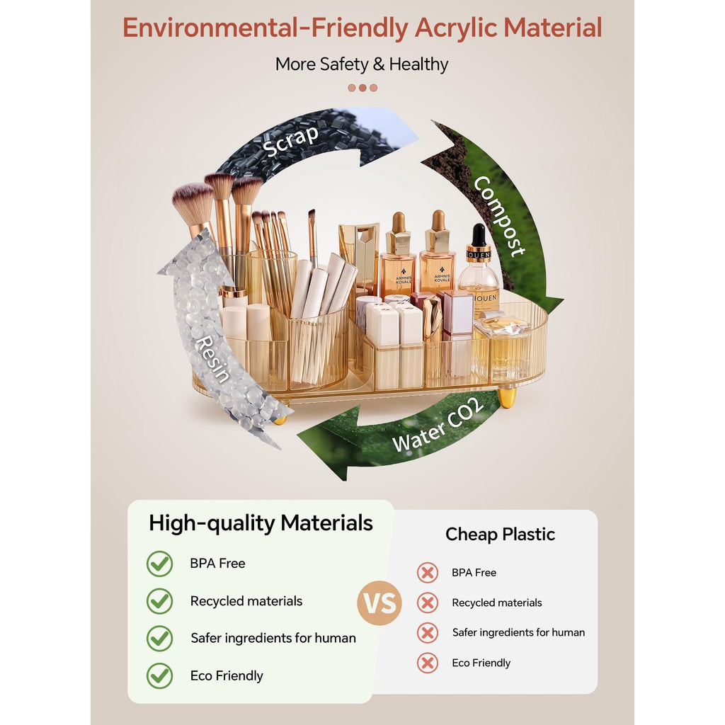 Stylish rotating makeup organizer made of eco-friendly acrylic; BPA-free and recycled materials for safe, healthy storage.