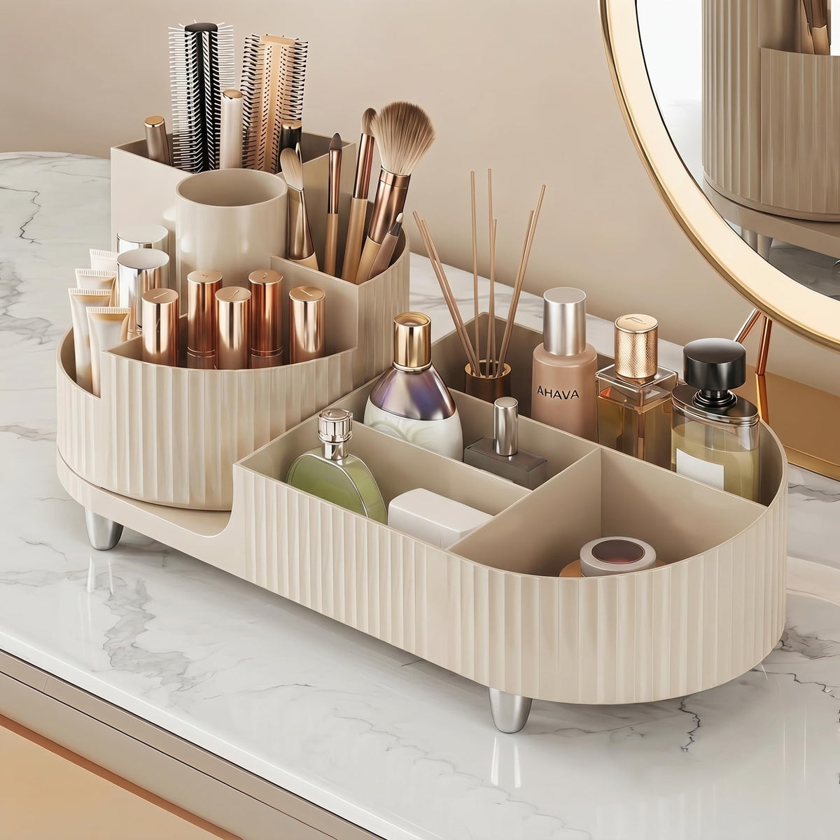 Stylish rotating makeup organizer with multiple compartments for skincare and beauty products. Verified by CuratCart.