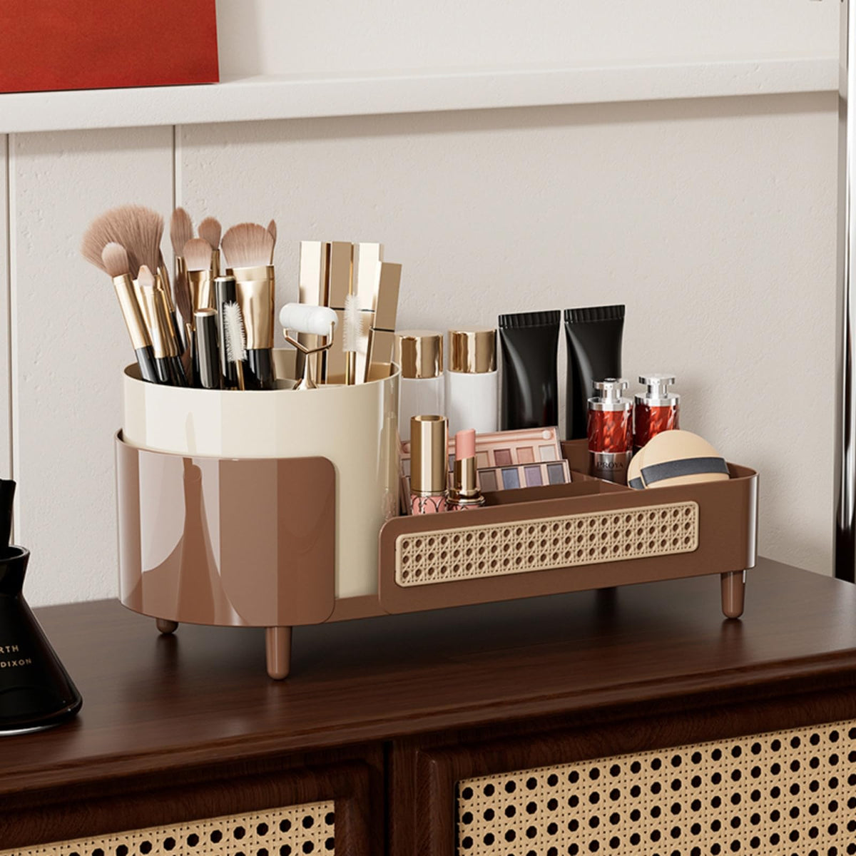 Stylish Booklov rotating makeup organizer with compartments for brushes, palettes, and skincare, enhances clutter-free beauty storage.