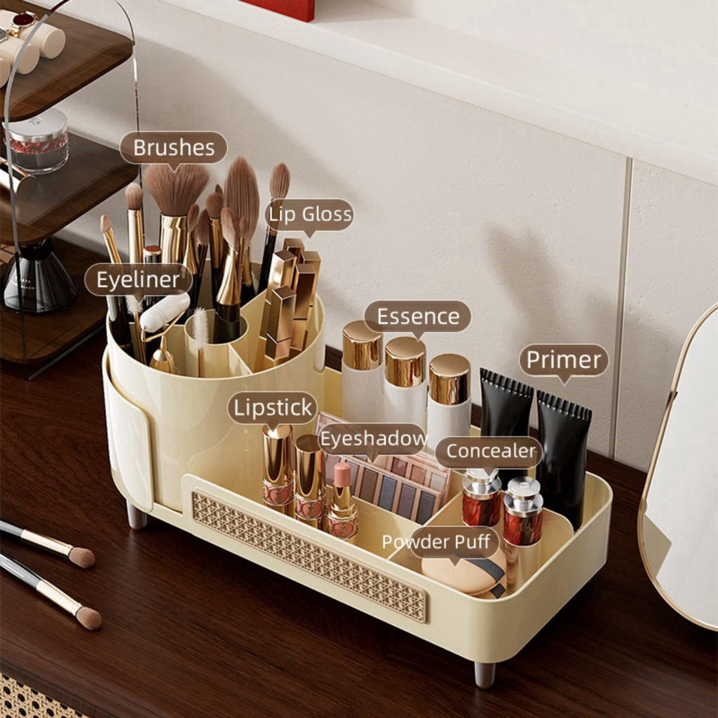 Stylish Booklov Rotating Makeup Organizer in cream, neatly holding makeup tools, including brushes, lip gloss, and lipstick.