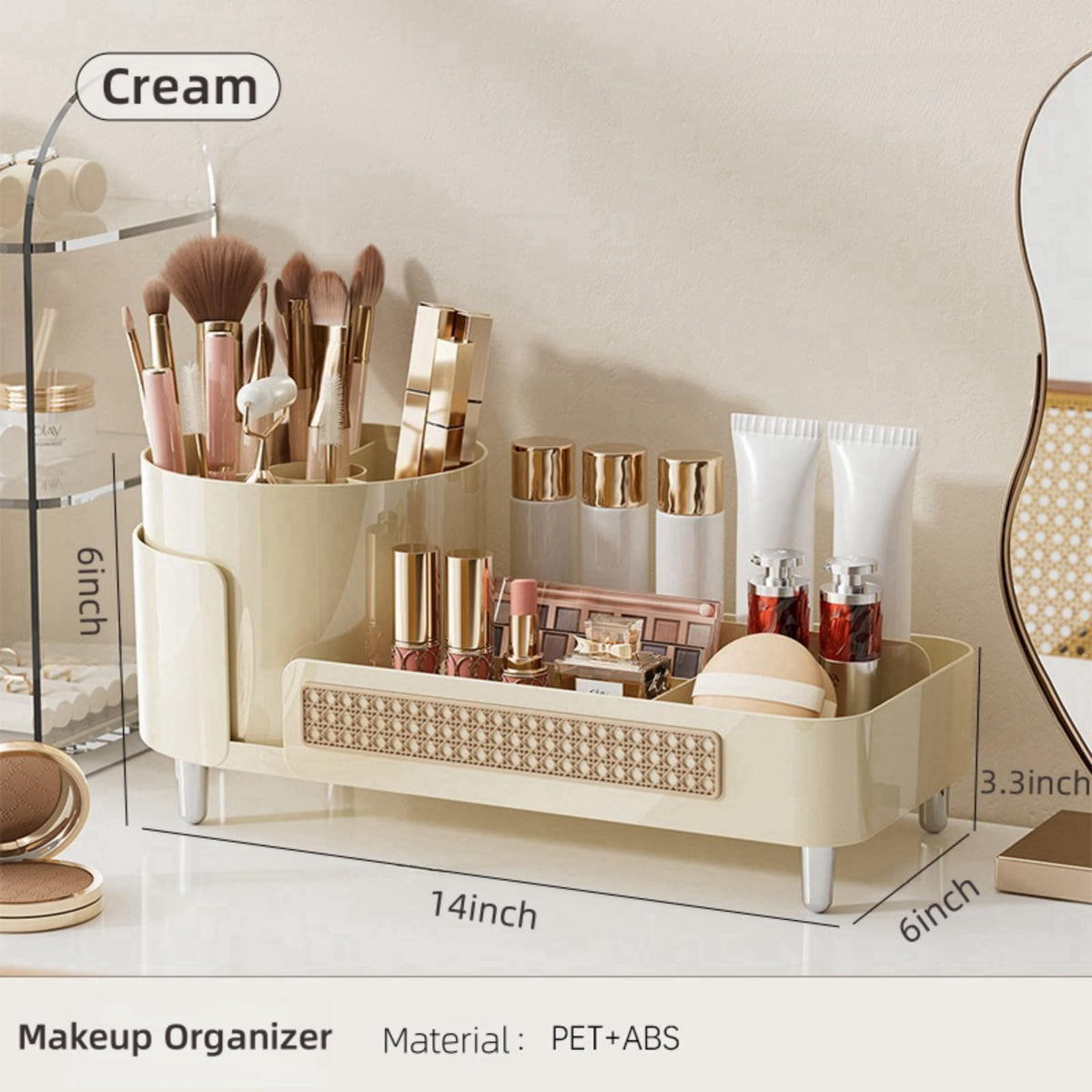 A cream-colored rotating makeup organizer with compartments for brushes, lipsticks, and skincare products. Verified by CuratCart.