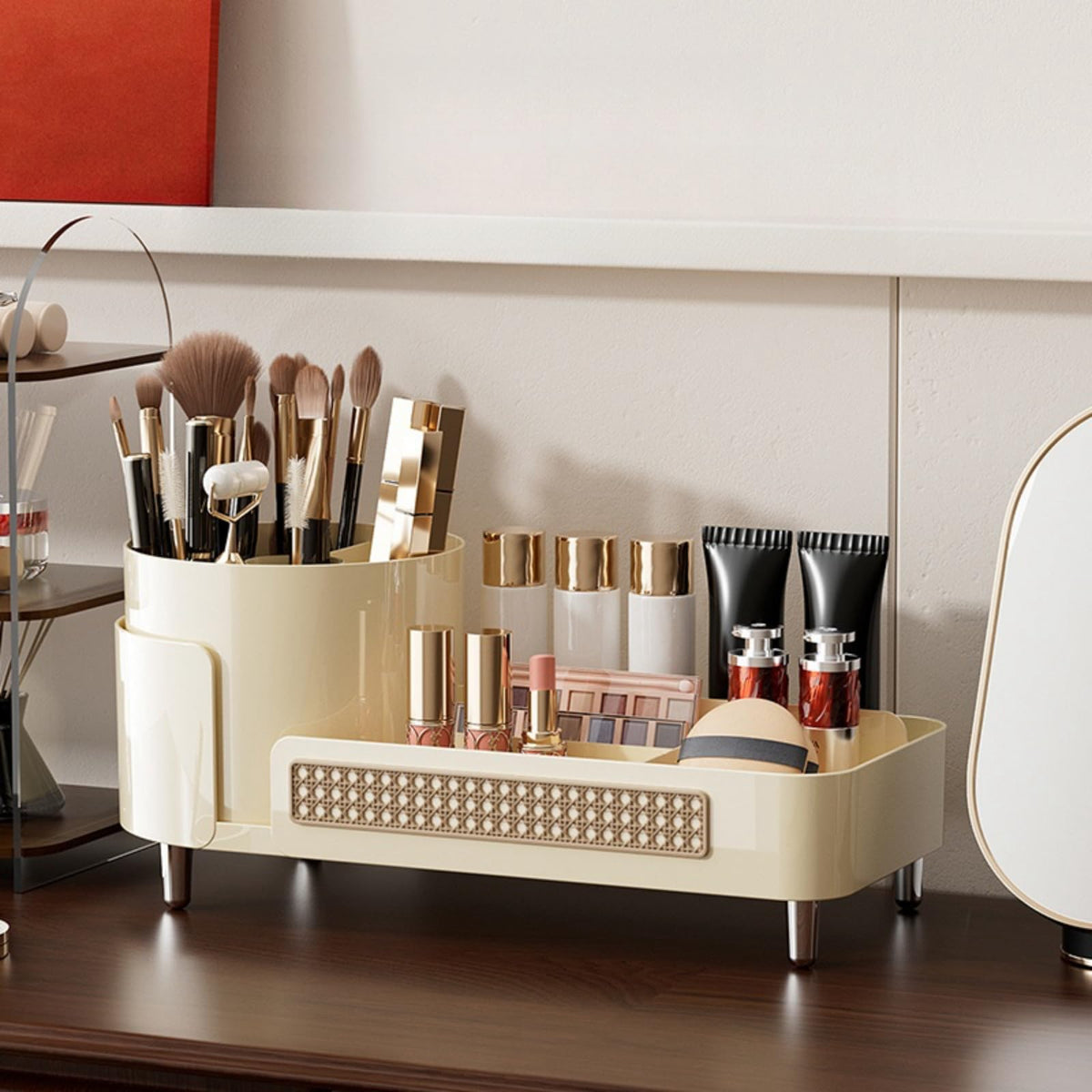 Stylish Booklov rotating makeup organizer with gold accents, showcasing brushes, lipsticks, and skincare essentials.