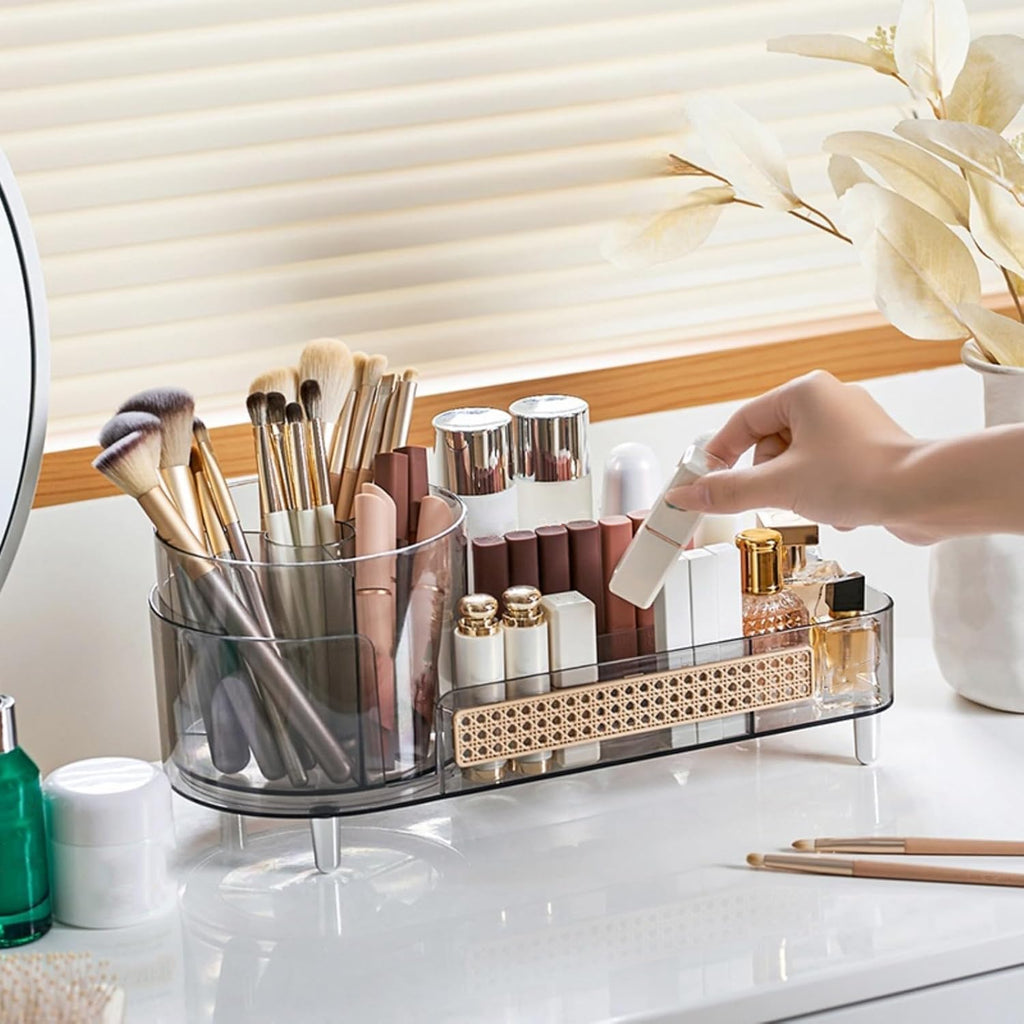 Premium imported rotating makeup organizer with compartments for brushes and cosmetics, enhancing vanity organization.
