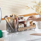 Premium imported rotating makeup organizer with compartments for brushes and cosmetics, enhancing vanity organization.