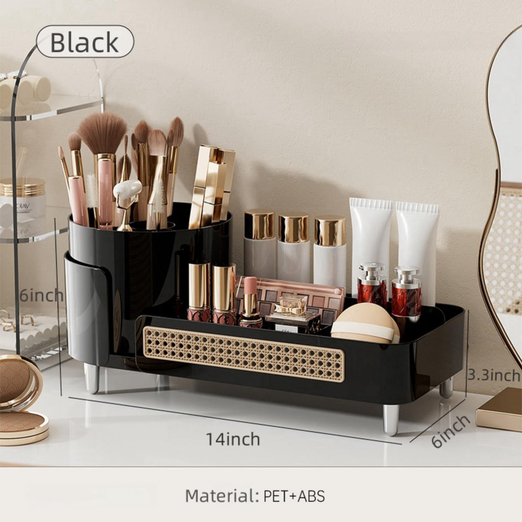 Premium imported Booklov Rotating Makeup Organizer in sleek black, perfect for cosmetics storage and display.