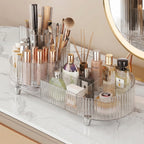 100% Genuine Booklov rotating makeup organizer, stylishly displaying cosmetics, brushes, and skincare on a chic vanity.