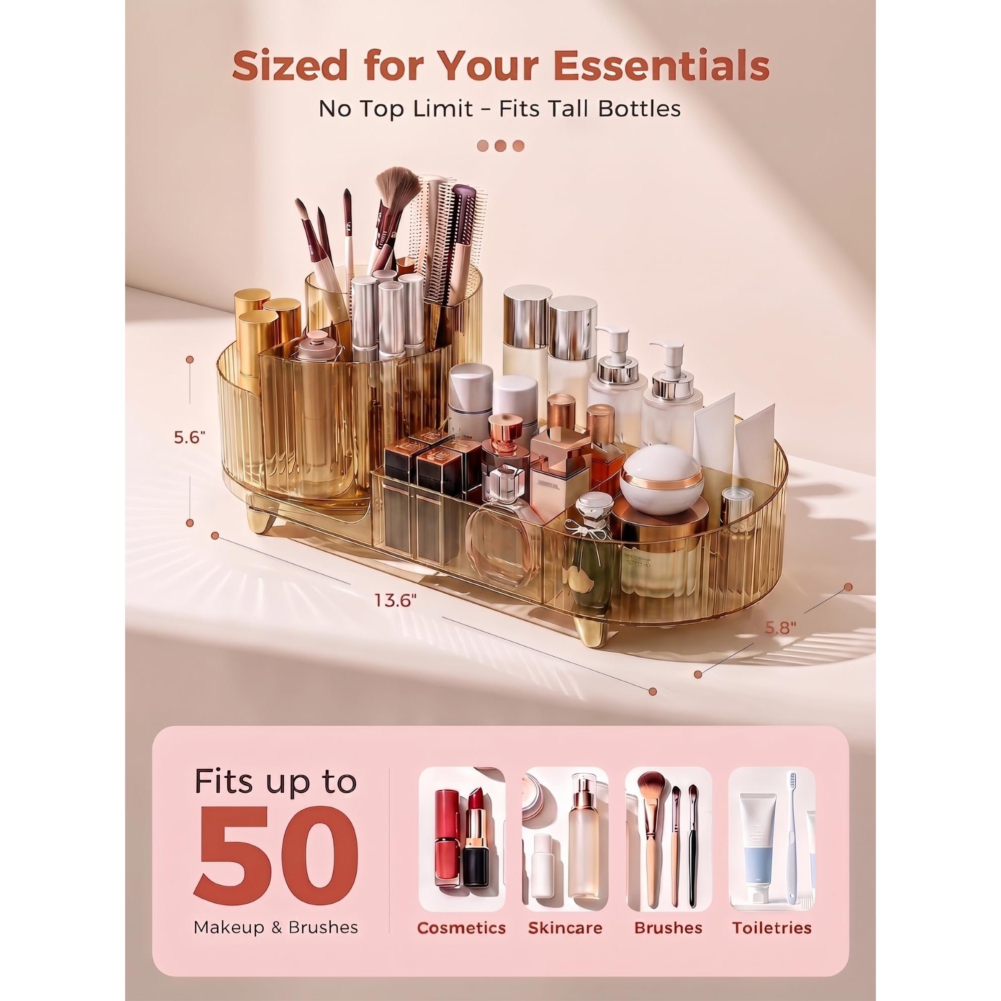 Stylish rotating makeup organizer fits up to 50 items. Order online and keep your beauty essentials organized!