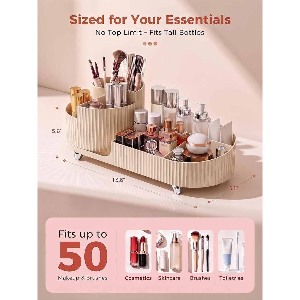 Booklov's rotating makeup organizer neatly holds cosmetics, brushes, and toiletries, designed for convenience and style.