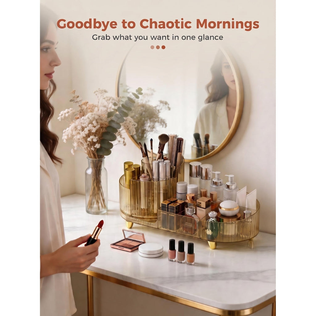 Stylish Booklov Rotating Makeup Organizer featuring sleek design, showcasing various cosmetics for easy access.