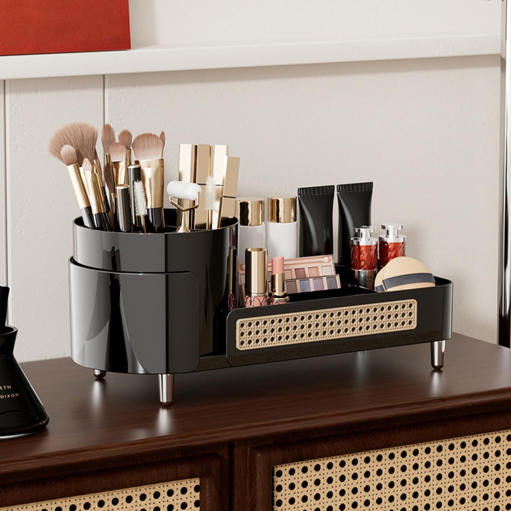 Booklov Rotating Makeup Organizer with compartments for brushes, cosmetics, and skincare. Verified by CuratCart.