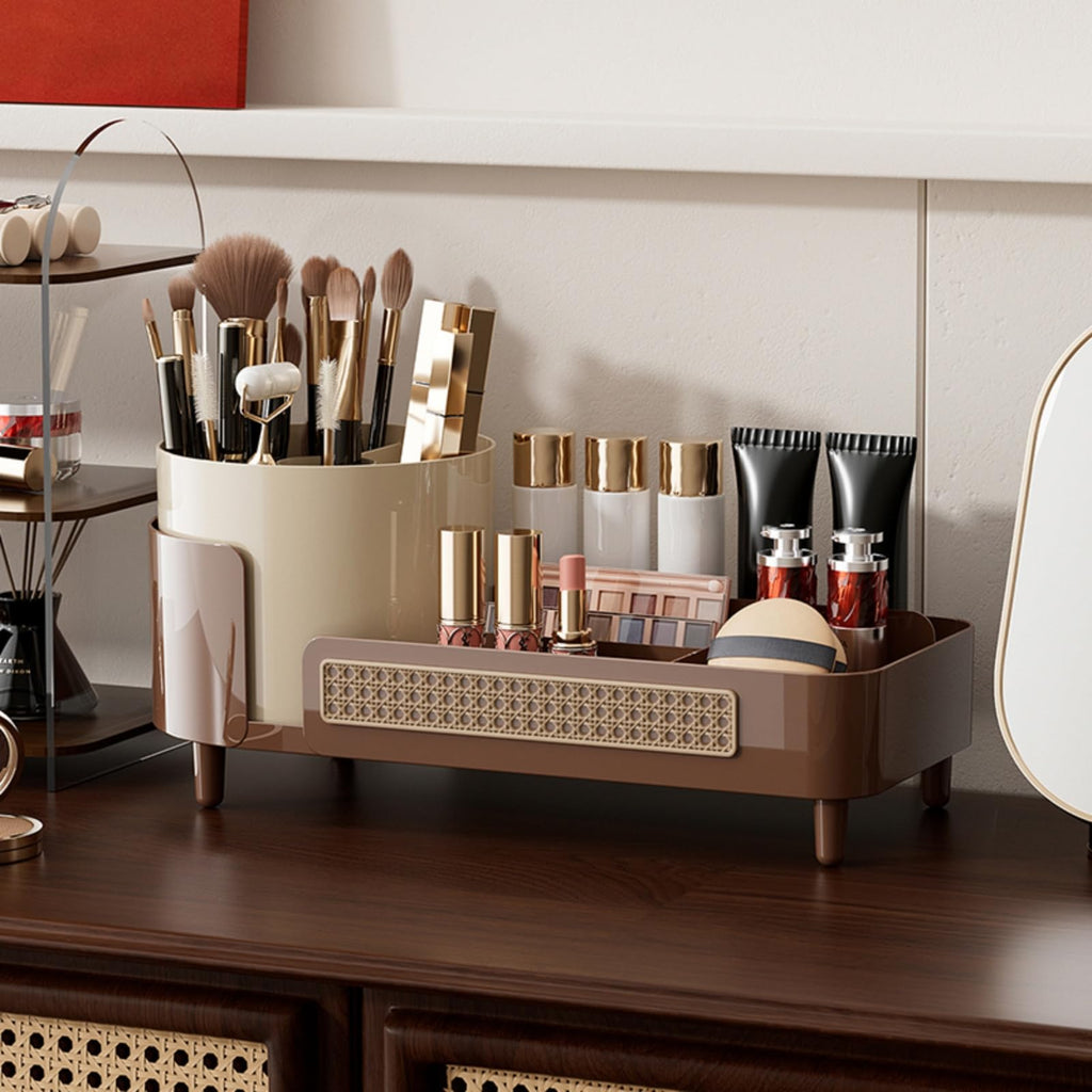 Premium imported Booklov Rotating Makeup Organizer with stylish compartments for brushes, lipsticks, and skincare essentials.