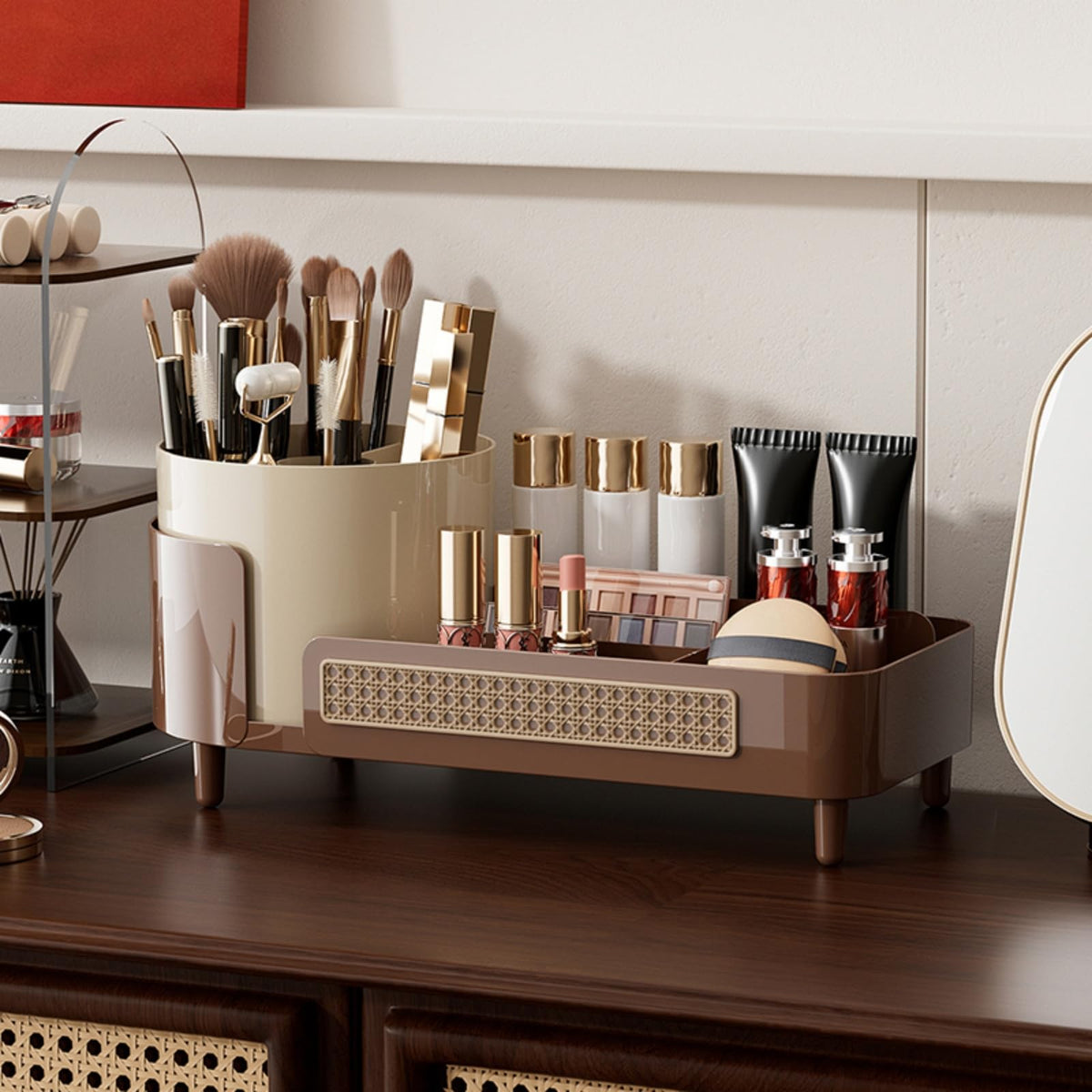 Premium imported Booklov Rotating Makeup Organizer with stylish compartments for brushes, lipsticks, and skincare essentials.