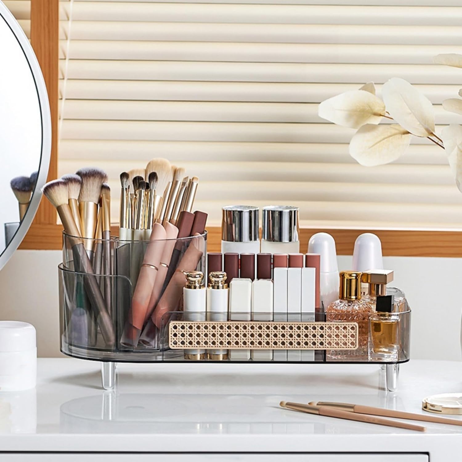 Booklov Rotating Makeup Organizer holds beauty products and brushes, enhancing organization and aesthetics. Verified by CuratCart.