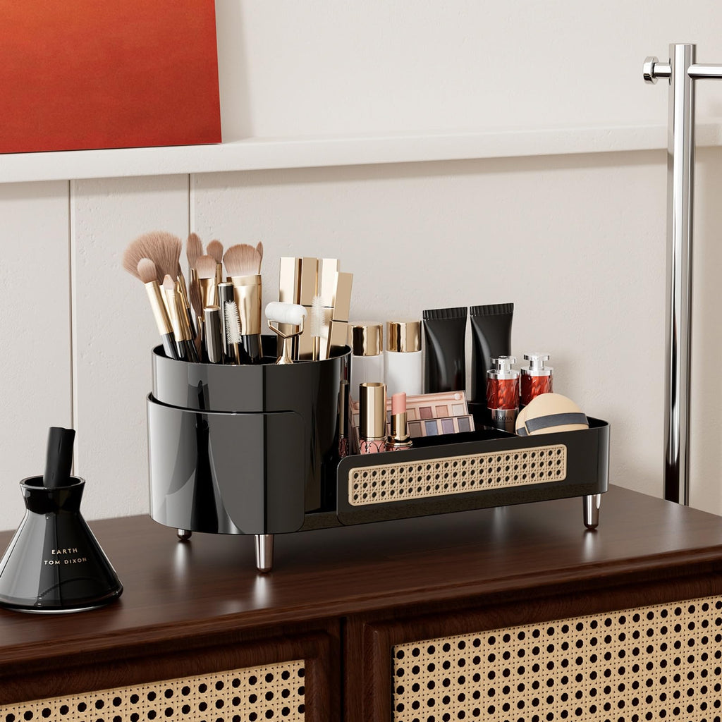 Booklov Rotating Makeup Organizer, a chic storage solution for cosmetics, keeps your makeup neatly arranged and accessible.