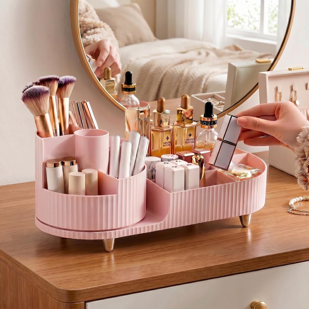 Elegant pink rotating makeup organizer holding brushes, lipsticks, and skincare; perfect for clutter-free beauty storage.