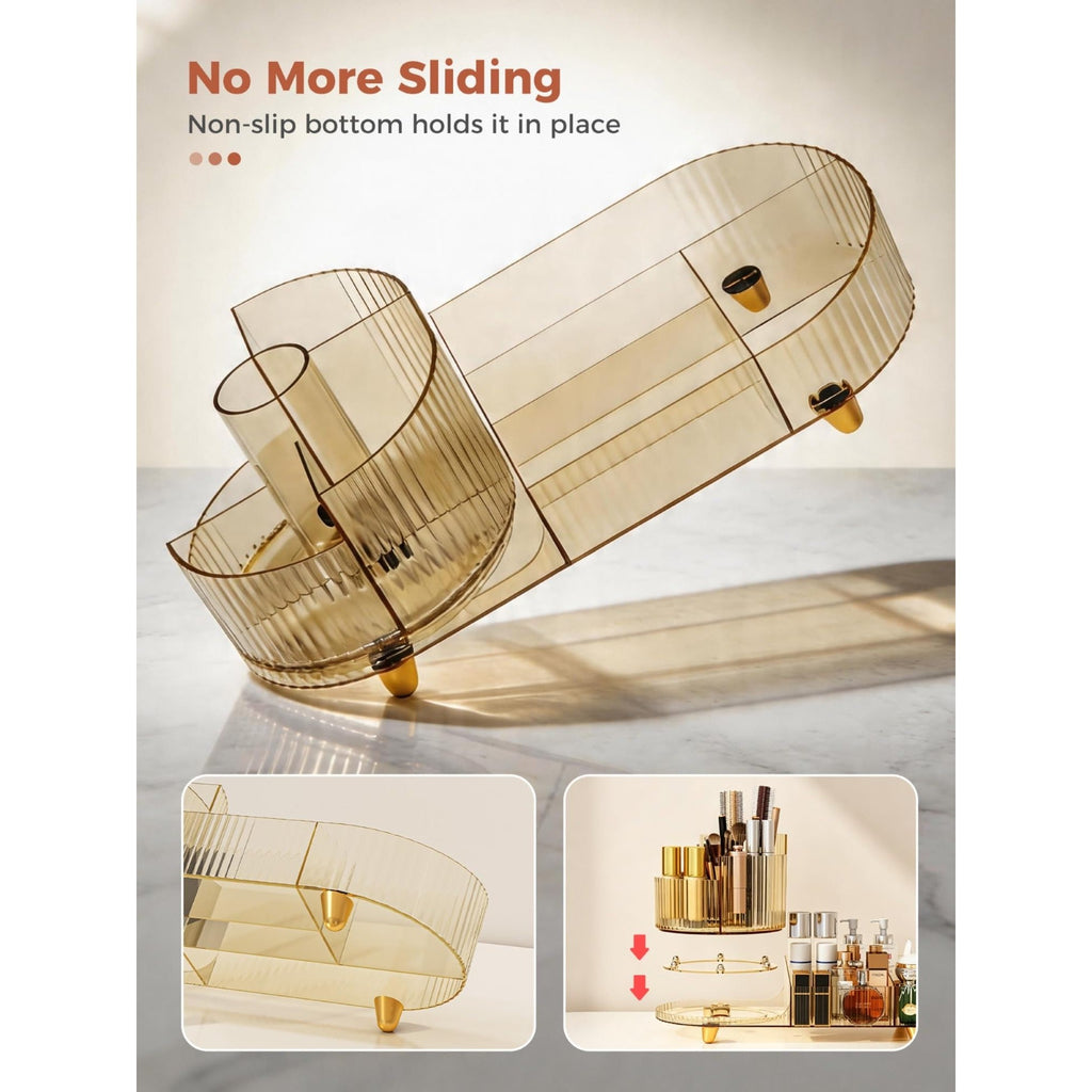 Premium imported Booklov Rotating Makeup Organizer with a non-slip base, featuring elegant design and ample storage for cosmetics.