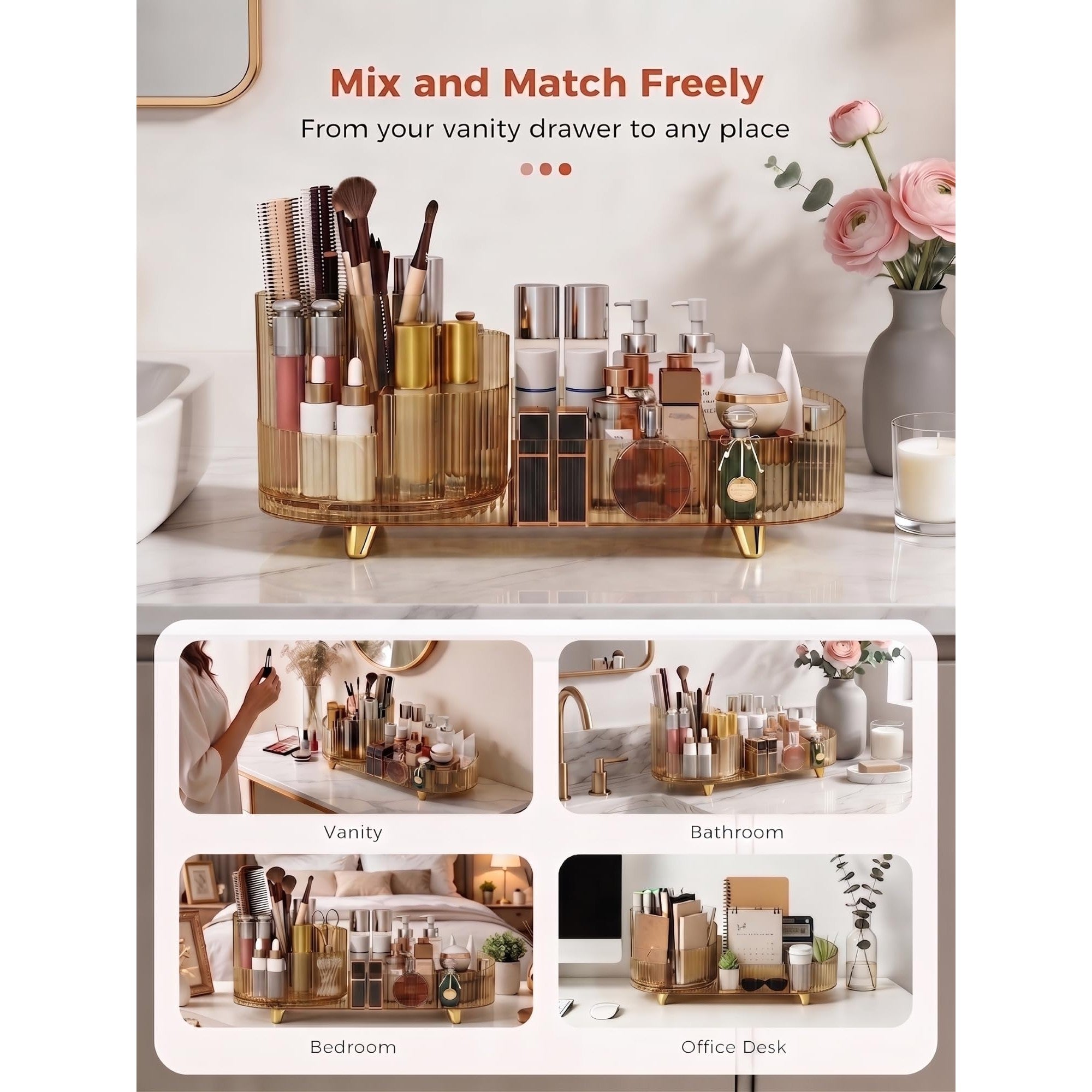 Discover the versatile Booklov Rotating Makeup Organizer. Perfect for your vanity, bathroom, or office desk. Order online now!