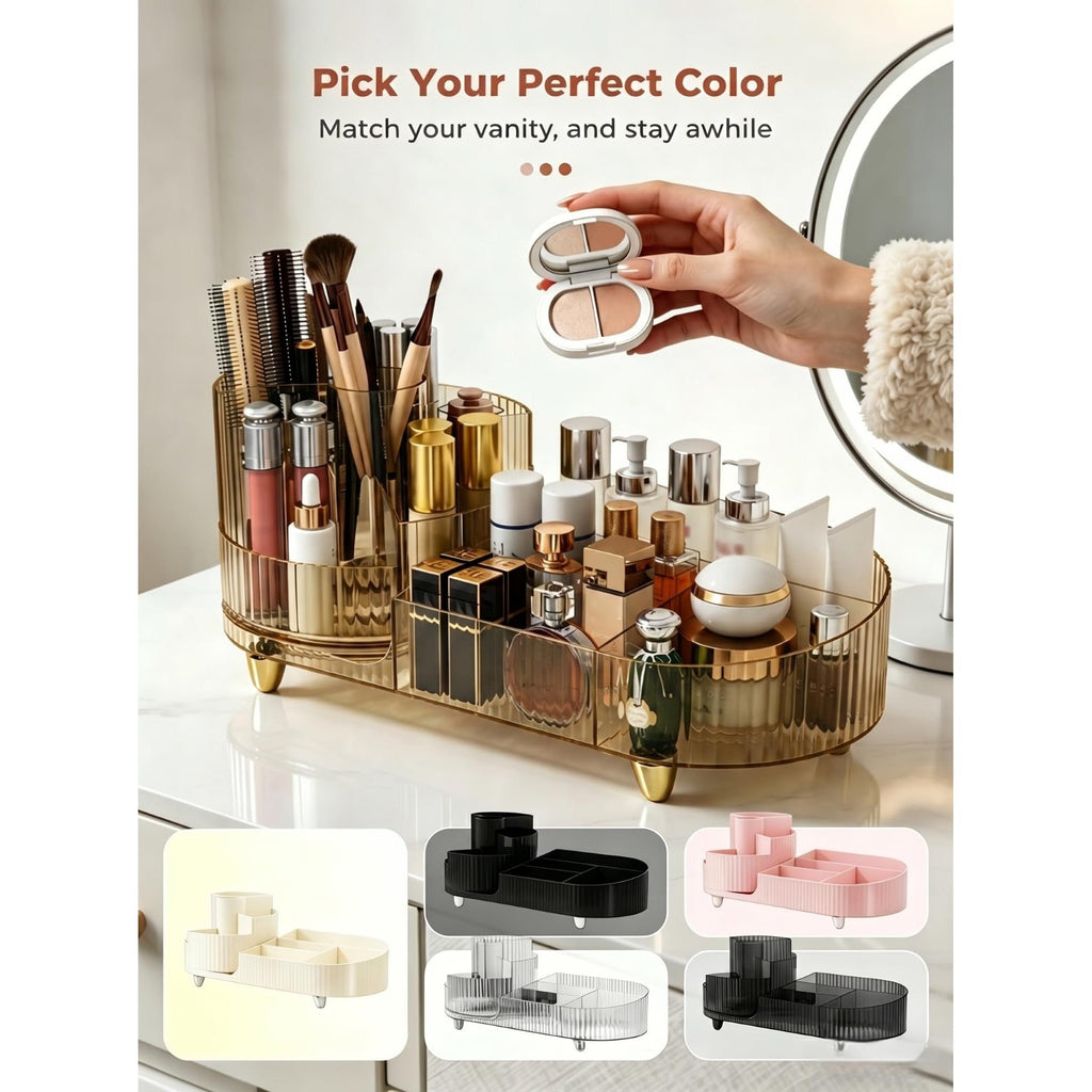 Stylish rotating makeup organizer with various colors. Perfect for keeping your vanity organized. Verified by CuratCart.